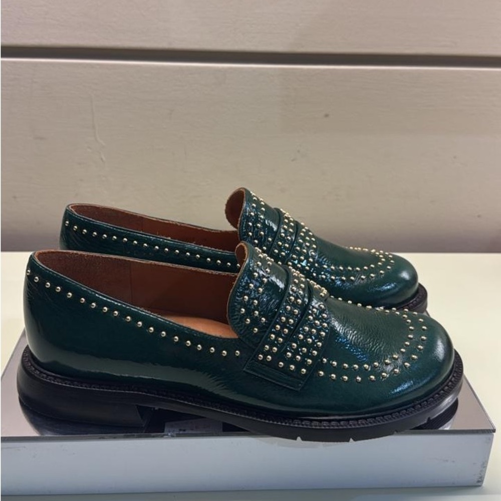 Chie Mihara Dark Green Studded Patent Leather Loafers